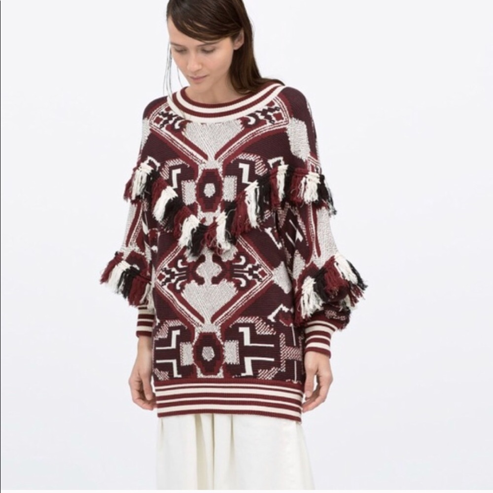 Zara Trafaluc Abstract Fringe Sweater